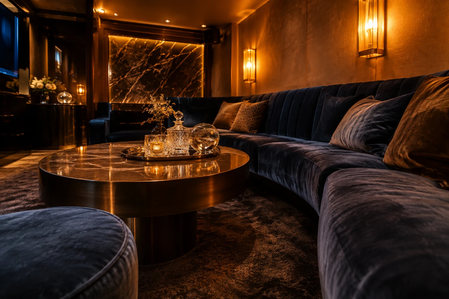 낮은 시점에서 바라본 벨벳 소파와 원형 테이블이 있는 고급 가라오케 공간